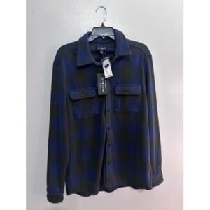 NWT For The Republic Mens Plaid Fleece Button Up Shirt Blue Black LS Pockets